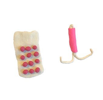 Image of the contraceptive pill and intrauterine device made of plasticine
